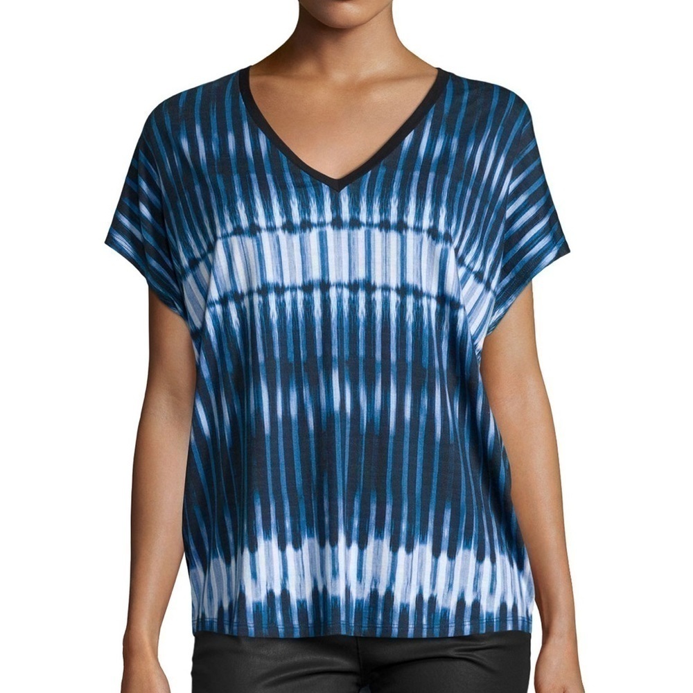 Vince Tie-Dye Striped Cocoon Short Sleeve VNeck Blue T Shirt Top